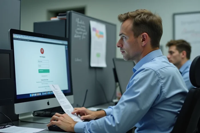 Enseignant tentant de résoudre une erreur de connexion au portail Arena depuis un poste informatique dans un bureau scolaire