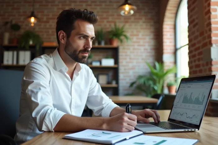 Entrepreneur concentré analysant les données financières de son premier business à son bureau dans un espace de coworking moderne