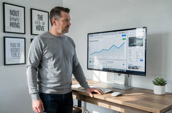 Entrepreneur analysant les statistiques de visibilité de son blog professionnel sur un grand écran dans un bureau à domicile