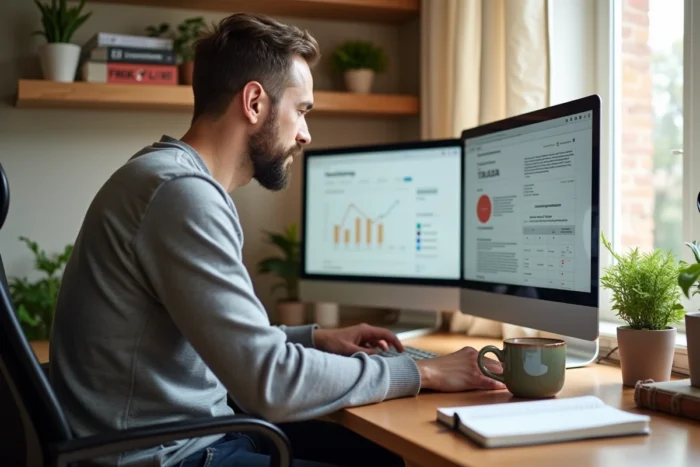 Entrepreneur travaillant depuis son bureau à domicile sur une stratégie de marketing digital avec deux écrans
