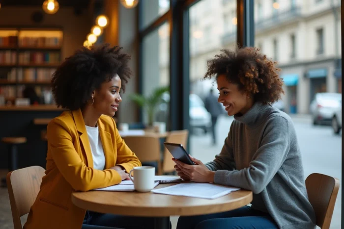 Deux femmes entrepreneures discutant d'un plan d'affaires commun dans un café, symbolisant le partenariat et la co-création d'entreprise