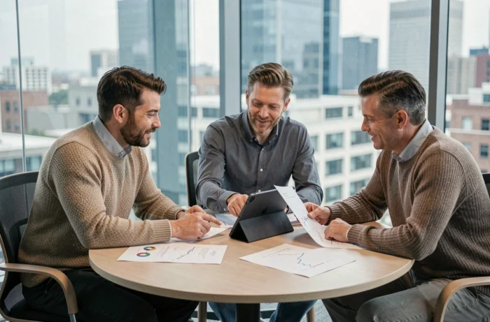 Équipe de professionnels analysant des rapports économiques autour d'une table de réunion vitrée