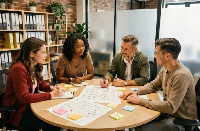 Équipe de professionnels en atelier de conseil en management autour d'une table collaborative avec des outils de planification stratégique