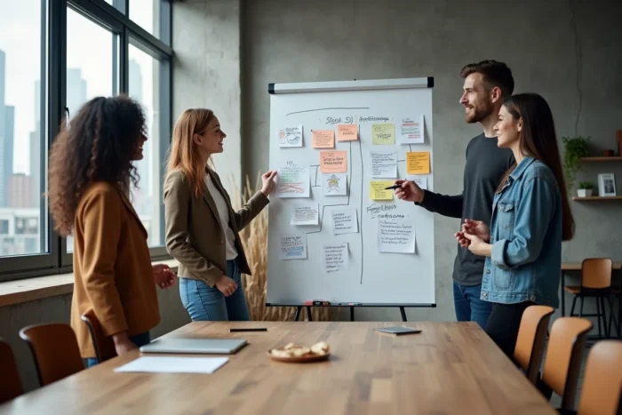 Équipe de professionnels en séance de brainstorming autour d'un tableau blanc avec des stratégies de marketing digital