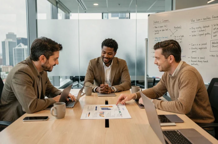 Équipe de professionnels collaborant autour d'une liste d'outils professionnels lors d'une réunion en salle de conférence