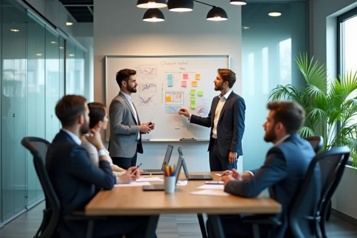 Équipe de collègues collaborant autour d'un tableau blanc lors d'une réunion de travail, représentant les défis et enjeux de la vie professionnelle