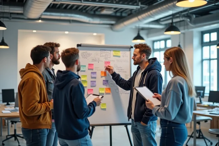 Une équipe de jeunes professionnels debout devant un tableau blanc rempli de post-its dans un espace de co-working, représentant la planification collaborative d'un projet entrepreneurial