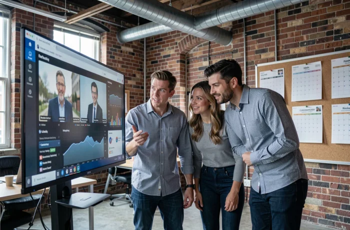 Équipe de journalistes indépendants collaborant dans une rédaction loft autour d'une interface de streaming vidéo alternatif
