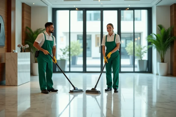 Équipe de nettoyage professionnelle travaillant dans le hall d'entrée d'un immeuble de bureaux contemporain
