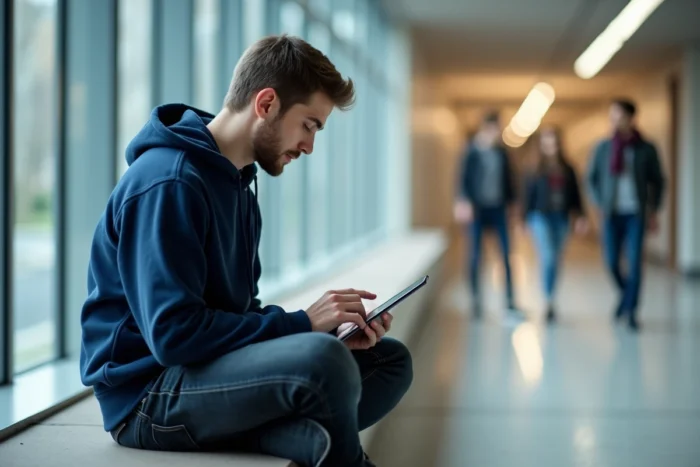 Étudiant MFR utilisant une tablette pour se connecter à l'intranet dans un couloir d'établissement