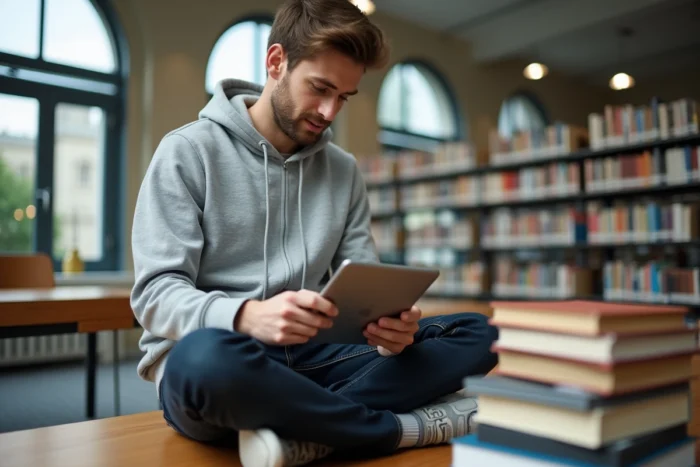 Étudiant en école d'ingénieurs consultant son planning d'examens sur tablette dans une bibliothèque universitaire moderne