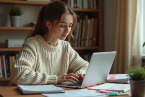 Étudiante organisée utilisant LISE ENSAM sur son ordinateur portable avec des cahiers et un planning coloré sur son bureau