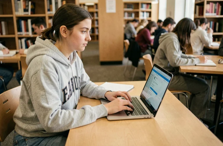 Étudiante connectée à la messagerie Zimbra de l'Université d'Angers sur son ordinateur portable en bibliothèque universitaire