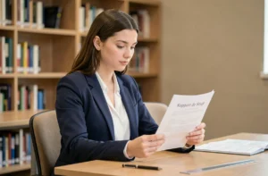 Étudiante révisant la page de garde de son rapport de stage à la bibliothèque universitaire