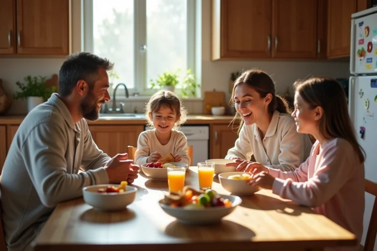 Famille réunie autour de la table du petit-déjeuner le week-end dans une cuisine chaleureuse