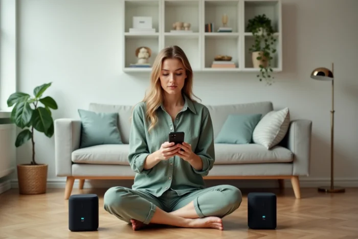 Jeune femme connectant plusieurs enceintes Bluetooth simultanément via une application sur smartphone dans un salon moderne style scandinave