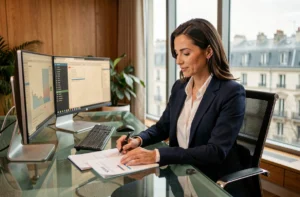 Femme cadre supérieure dans un bureau moderne à Paris, illustrant les métiers bien rémunérés à plus de 5000 euros par mois en France