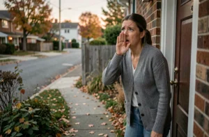 Femme inquiète appelant son chat disparu depuis le pas de sa porte en fin de journée
