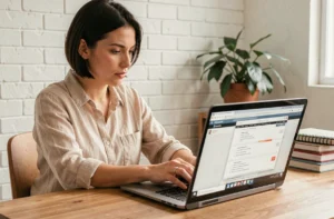 Femme concentrée comparant différents navigateurs internet sur un ordinateur portable dans un bureau à domicile