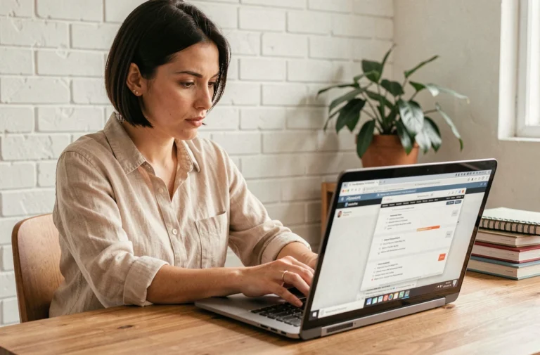 Femme concentrée comparant différents navigateurs internet sur un ordinateur portable dans un bureau à domicile