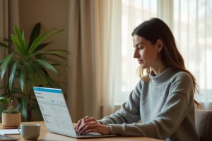 Femme consultant l'historique de ses réservations en ligne sur un ordinateur portable dans un bureau à domicile