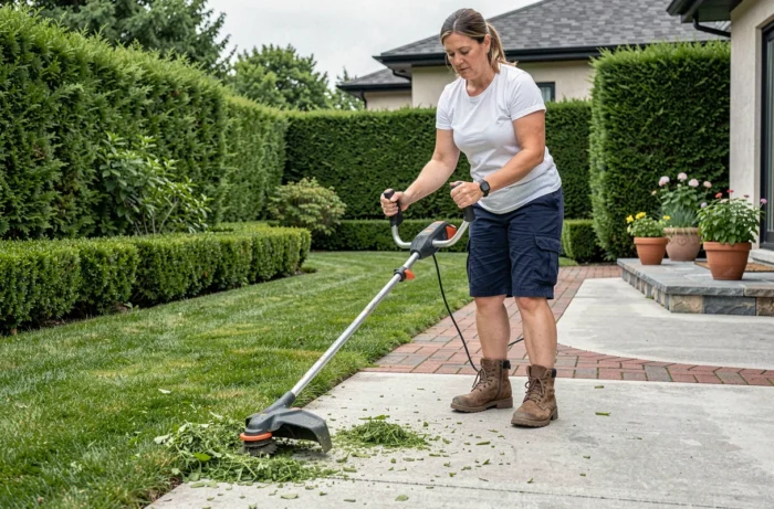 Femme utilisant un coupe-bordure électrique pour délimiter proprement le bord d'une pelouse le long d'une allée en béton