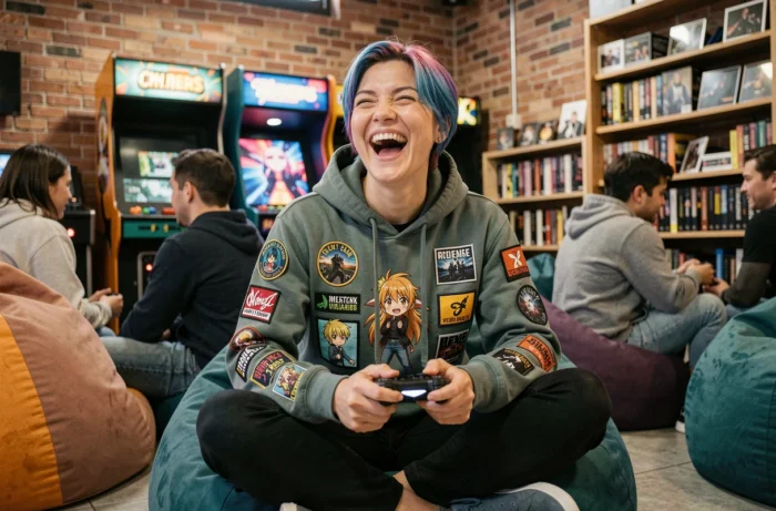 Femme passionnée de culture geek et d'anime dans un café gaming communautaire avec manettes et bornes d'arcade