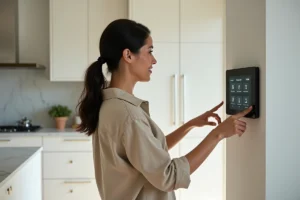 Femme interagissant avec un hub domotique intelligent dans une cuisine moderne minimaliste