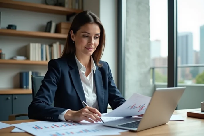 Femme professionnelle analysant des graphiques boursiers sur tablette dans un bureau à domicile moderne