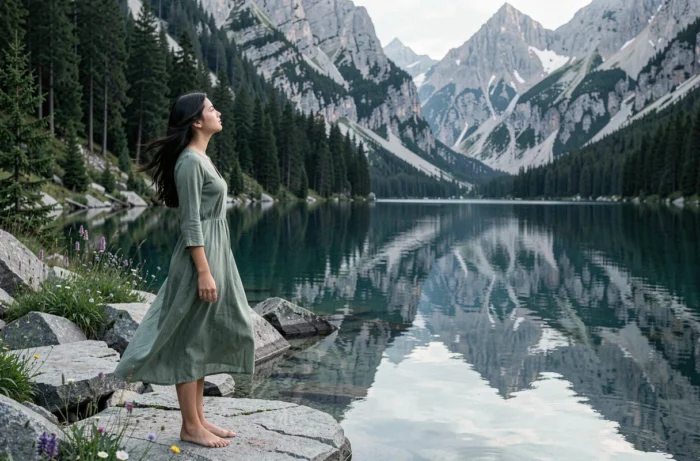 Jeune femme debout pieds nus au bord d'un lac de montagne calme entouré de forêts de pins et de sommets rocheux, incarnant sérénité, bien-être et harmonie avec la nature