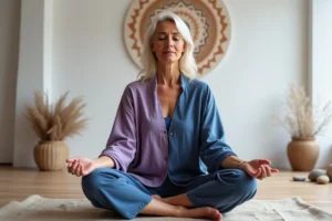 Femme en méditation portant des vêtements aux couleurs des chakras dans un studio de yoga minimaliste