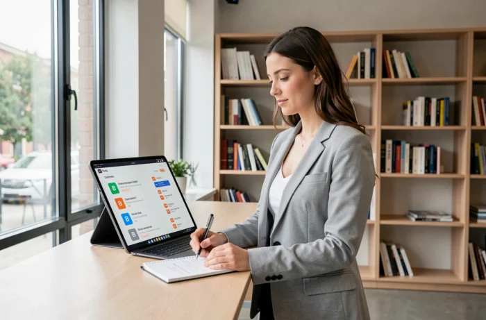 Femme professionnelle prenant des notes sur des outils de productivité commençant par B dans un espace de coworking