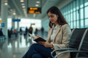 Femme inquiète tenant son passeport avec un visa expiré dans un terminal d'aéroport international