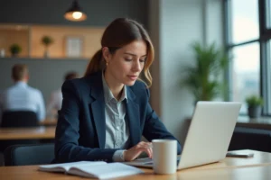 Femme professionnelle concentrée sur son travail dans un bureau moderne ouvert, illustrant la vie professionnelle contemporaine