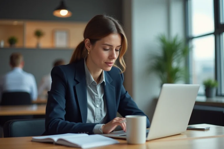 Femme professionnelle concentrée sur son travail dans un bureau moderne ouvert, illustrant la vie professionnelle contemporaine