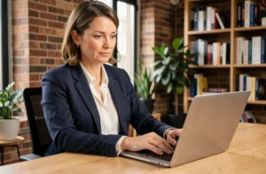 Femme professionnelle rédigeant un article de blog d'entreprise sur un ordinateur portable dans un bureau moderne