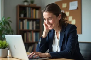 Femme parcourant une plateforme d'emploi en ligne sur son ordinateur portable dans un bureau à domicile organisé
