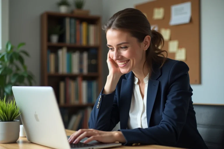 Femme parcourant une plateforme d'emploi en ligne sur son ordinateur portable dans un bureau à domicile organisé