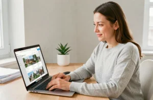 Femme consultant une plateforme immobilière en ligne sur son ordinateur portable dans un bureau à domicile moderne