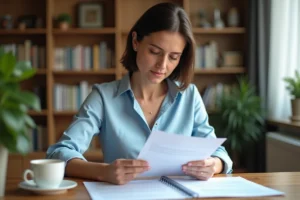 Femme consultant un document de remboursement de sécurité sociale et mutuelle à son bureau