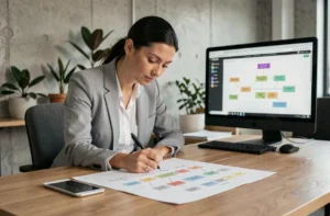 Femme professionnelle annotant un plan de sitemap web imprimé sur un bureau en bois dans un bureau moderne