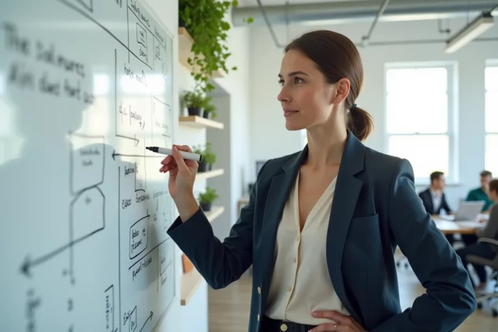 Jeune femme entrepreneuse présentant sa stratégie de lancement de business sur un tableau blanc dans un bureau de startup