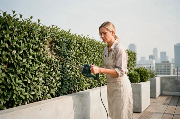 Femme taillant une haie de troène avec un taille-haie électrique sur une terrasse de jardin urbain contemporain