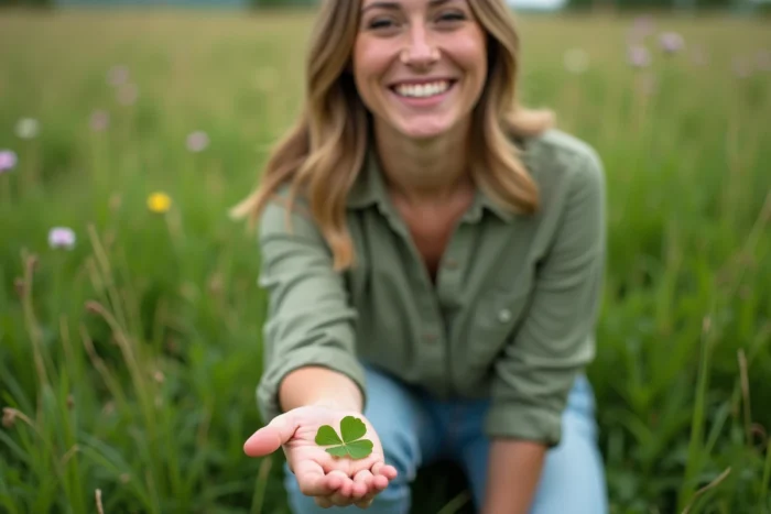 Jeune femme tenant un trèfle à sept feuilles dans une prairie fleurie, expression de surprise et de bonheur