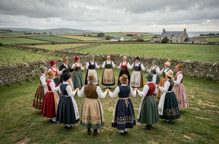 Danseurs en costumes traditionnels lors d'un Fest-Noz en plein air dans un village du Finistère en Bretagne