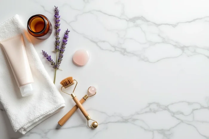Flat-lay de produits de beauté essentiels sur marbre blanc incluant un nettoyant, un rouleau en quartz rose, une brosse en bambou et une serviette en coton pour une routine quotidienne