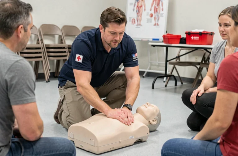 Formateur en secourisme démontrant la technique de réanimation cardio-pulmonaire sur un mannequin devant un groupe d'adultes en salle de formation