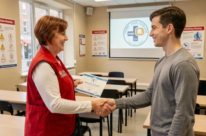 Formatrice en secourisme remettant une attestation de formation à un stagiaire dans une salle de cours professionnelle