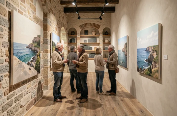 Visiteurs contemplant des œuvres d'art contemporain dans une galerie culturelle bretonne aux murs en pierre
