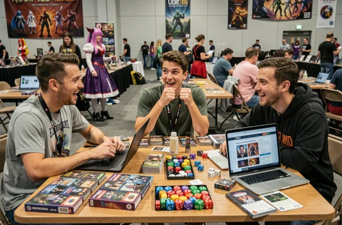 Groupe d'amis passionnés de jeux de cartes et de culture web réunis lors d'une convention geek